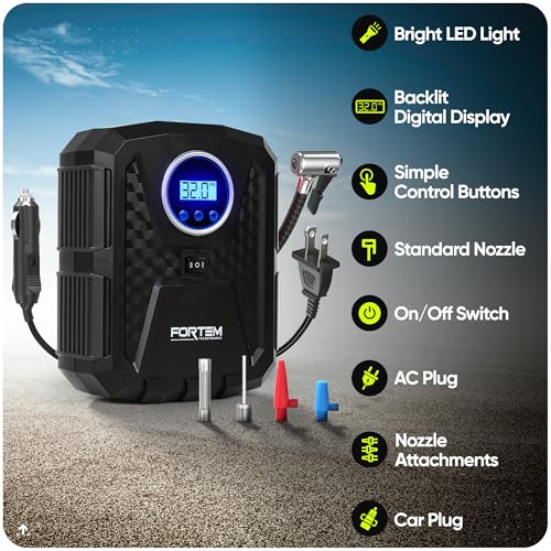 Image of FORTEM Car Wheel Inflator, Air Compressor - Portable Air Compressor for Wheels 230V AC 12V DC with LED Light - Digital Pressure Gauge, Self-Pumping, Auto Stop - Carry Bag