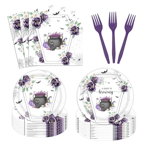 Image of 96PCS Halloween Baby Shower Party Supplies A baby is brewing Gender Neutral Plates and Napkins Vampire Bat Baby Sprinkle Tableware Set Serves 24 Guests