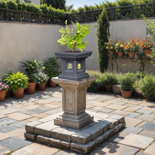 Image of YUCCABE ITALIA FOXB 12 Inch Tulsi Planter Pot for Tulsi Pooja German Polymer Tulsi Planters Suitable for Indoor Outdoor Use Home Office Pooja Plant Gamla (Grey)