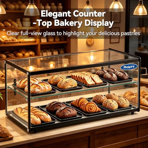 Image of Malphi 30in. Tiered Pastry Bakery Display Case with Glass Shelf and Sliding Door,3cu. ft. Capacity|Large Bread Cookie Display Box | 29.3 inch x 15.3 inch x 15.4 inch