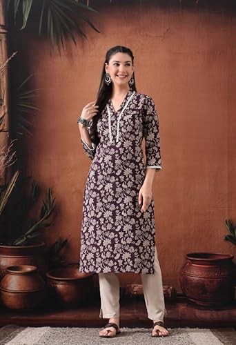 Image of Ichaa Women's Pure Cotton A-Line Ethnic V-Neck Kurta with 3 /4th Sleeve for Daily and Office Wear, in Plus Sizes
