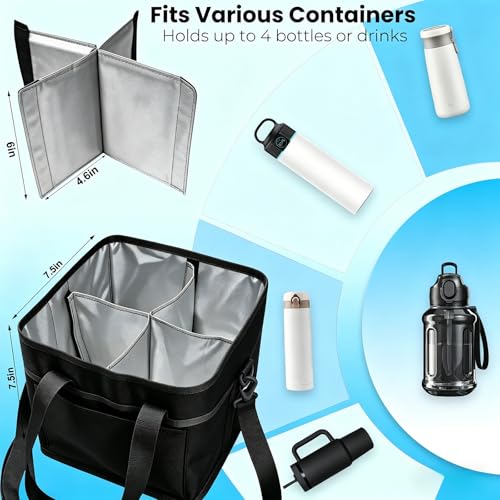 Drink Carrier Bag, 4 Compartment Drink Bag, Insulated 4 Cup Holder Bag with Handle &Strap, Family Multi Tumbler, Water Bottle Carrier Caddy, Reusable Beverage Carrier Tote for Travel (Black) by ZYTONGMAO - Used condition - Image 3