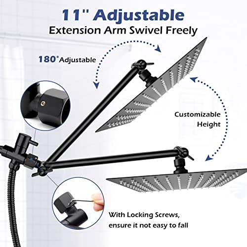 Shower Head With Handheld, 12'' High Pressure Rain Shower Head With 11'' Extension Arm, Built-In Power Wash 6 Spray Settings Anti-Leak Handheld Shower Combo With 60" Hose, Height/Angle Adjustable #TOP5