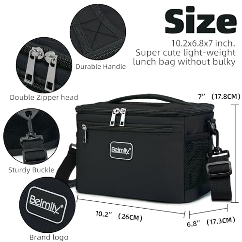 BEIMILY Lunch Box for Men/Women, Small Insulated Lunch Bag, Leak-Proof Soft Cooler Tote Bag, Reusable LunchBox for Work, Travel, Fitness, Picnic with Adjustable Shoulder Strap for Adults (Black)