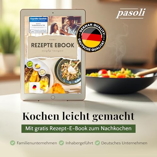 Foto von pasoli handgehämmerter Wok + gratis Rezepte eBook - voreingebrannt - traditionelle Asiapfanne - Bratwok aus Carbonstahl - induktionsgeeignete Wokpfanne - Durchmesser 36 cm