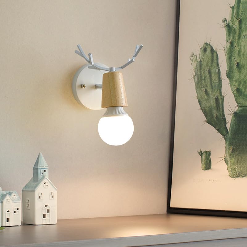 Image of LITFAD Minimalist Wall Sconce Deer Horn Shape Wall Light Modern Wall Mounted Lamps Single Light Exposed Bulb Design Wall Lighting Fixtures for for Hallway, Bedroom, Living Room, Bathroom,White-Wood