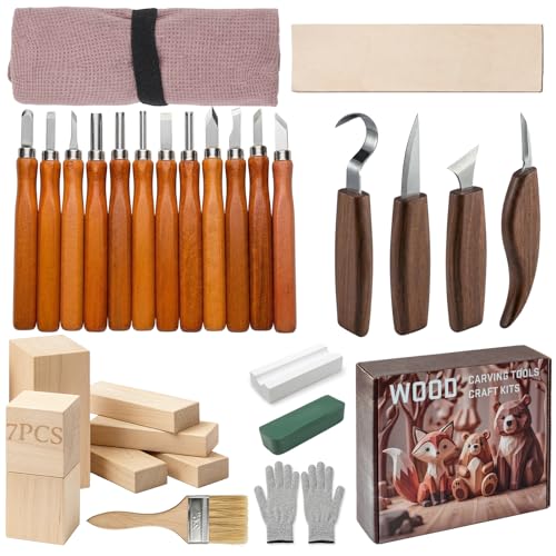 PUYUKO 31 Pcs Kit de sculpture sur bois avec ciseaux à bois pour DIY, menuiserie outillage avec 16 couteau pour debutant, outil sculpture citrouille pour adulte avec 7 blocs de tilleul&cuir d’affilage