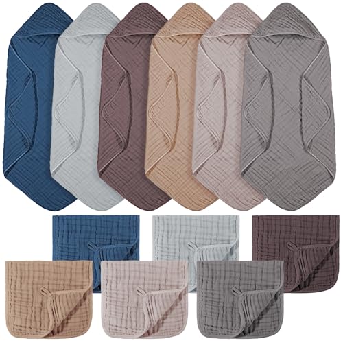 Image of VitalCozy 12 Pcs Baby Muslin Hooded Bath Towels and Washcloths, Muslin Hooded Baby Towels Absorbent Blankets for Gift Newborn Infant Shower (Neutral Colors)