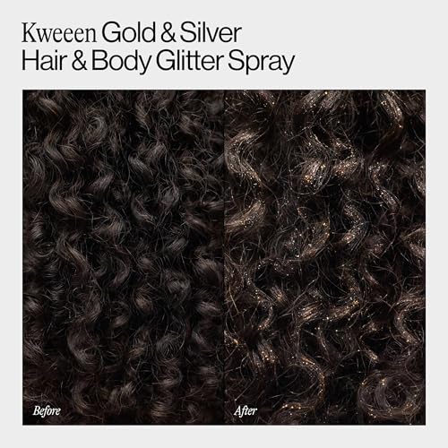 Image of Eva NYC Kweeen Gold Hair and Body Glitter Spray - Ultra Shimmery Gold Glitter for Festivals - Adds Shine + Non-Sticky - Quick Drying Sparkle Spray for Hair and Body - Warm Vanilla Scent - 4.9 oz