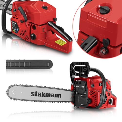 STAKMANN Motosierra de explosión de 2 tiempos de gasolina con hoja de 50 cm, Easy Start e interruptor de seguridad, moto sierra de jardín, trabajo, corta madera y ramas precisa con mango ergonómico