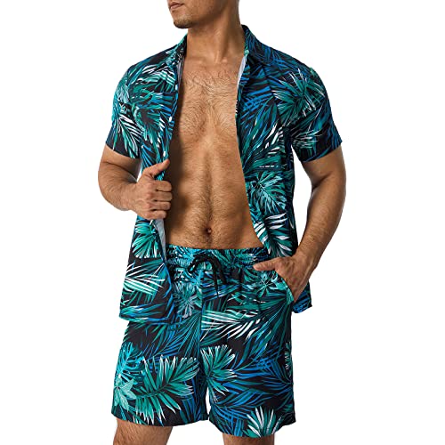 Loalirando Ensemble Hawaien Homme de 2 Pièces Chemise Imprimées à Manches Courtes + Shorts Assorti Taille Elastique (Multicolore 8, M)