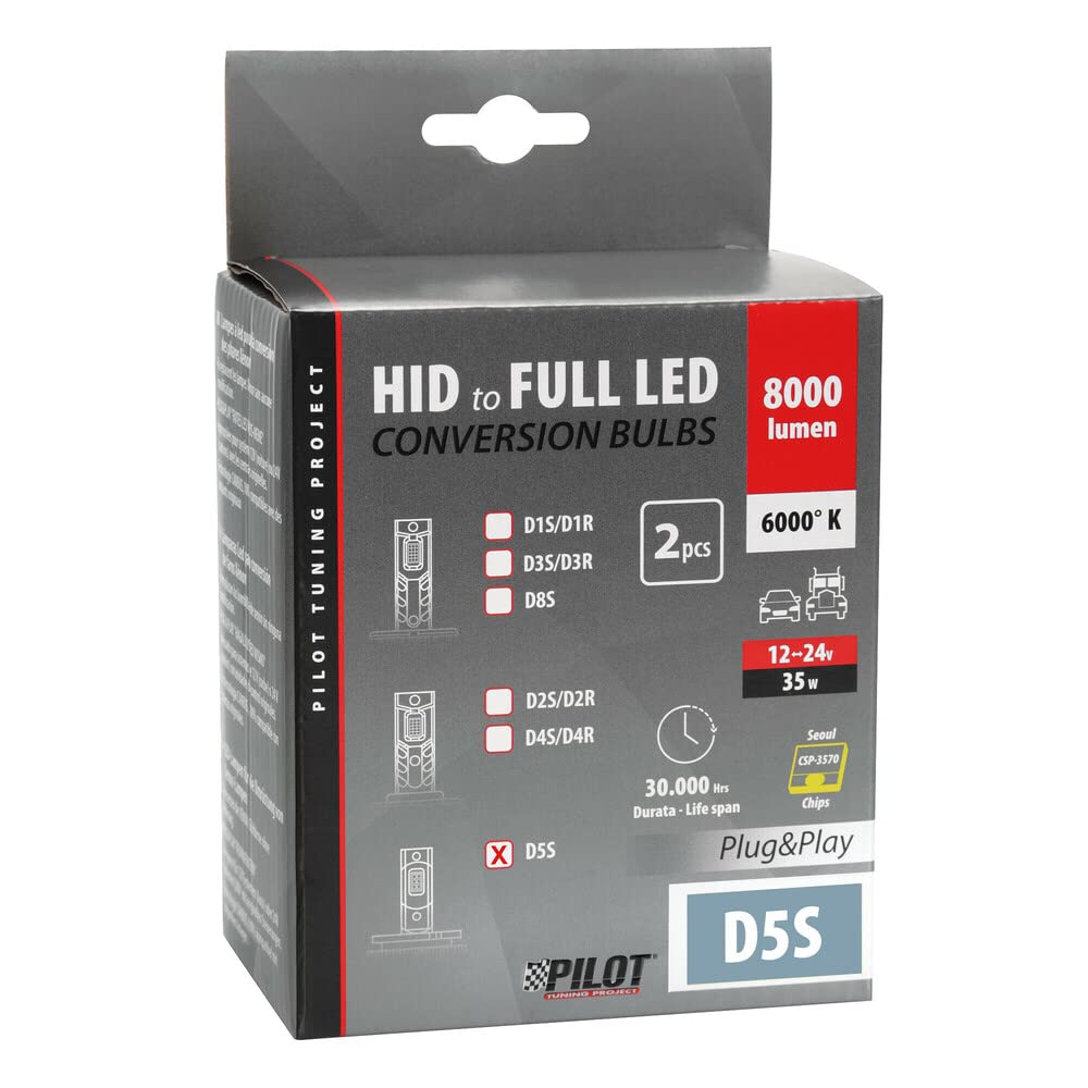 PILOT 58554 12-24V Lampade a LED per conversione fari Xenon per Auto e Camion - (D5S) - 35W - 2 pz - Scatola