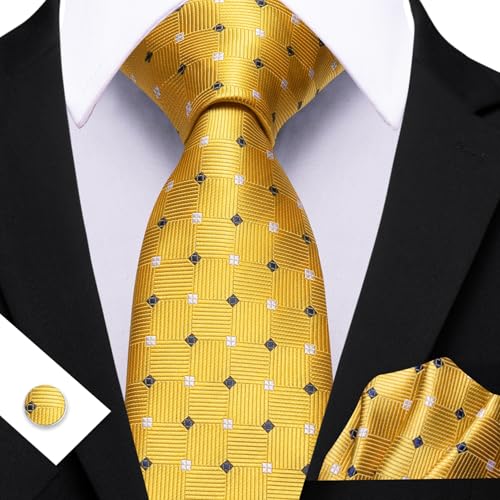 Image of YOHOWA Men Plaid /Striped Ties Set Silk Business Wedding Formal Fashion Necktie and Pocket Square Cufflinks Set