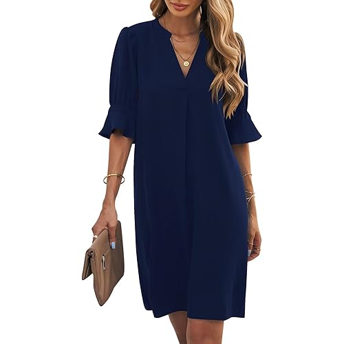 Wkior Shift Dress for Women V Neck Short Sleeves Solid Color Casual Flowy Summer Dresses(S-2XL)