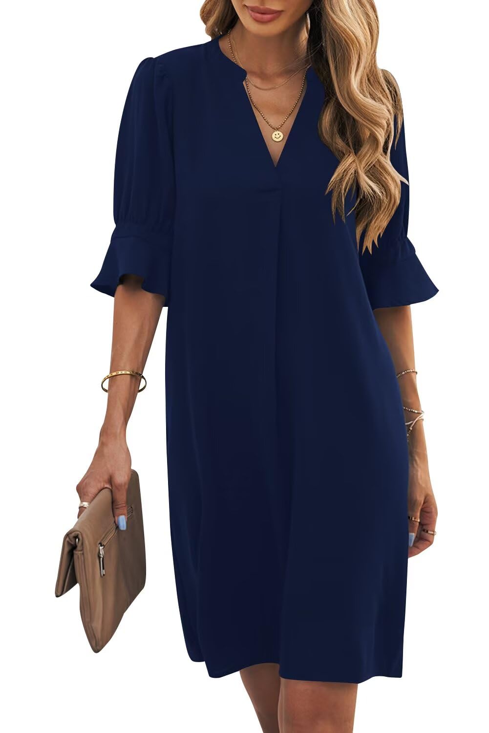 WkiorShift Dress for Women V Neck Short Sleeves Solid Color Casual Flowy Summer Dresses(S-2XL)