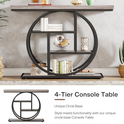 Tribesigns 41.3" Console Table, Industrial 4-Tier Sofa Table Entryway Table with Circle Base, Narrow Wood Accent Tables with Storage Shelves for Living Room, Hallway, Foyer, Gray