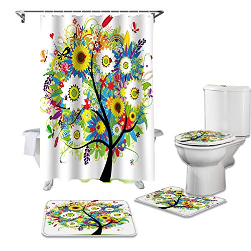 Big Buy Store 4 Pcs Shower Curtain Sets Abstract Flower Tree Waterproof Fabic Bathroom Set With Non-Slip Rugs Toilet Lid Cover Bath Mat, Colorful Plant Shower Curtain With Hooks -36X72 Inch, Small #TOP23
