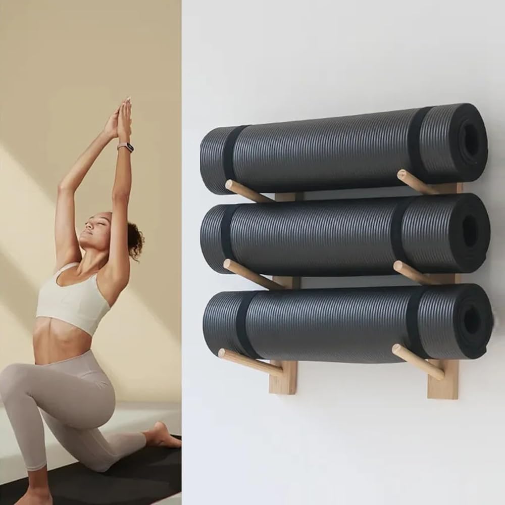 Soporte de pared para esterilla de yoga, organizador de fitness de madera para almacenamiento de equipos, estante que ahorra espacio para gimnasio en casa, oficina y escuela