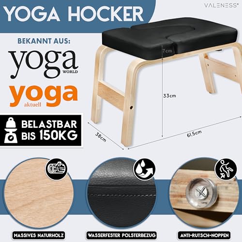 VALENESS® Yoga Kopfstandhocker - Hochwertiger Yoga Hocker inkl. Yogagurt, Yogablock & Übungsposter - Yoga Stuhl zur Handstand-Übung aus massivem Naturholz - Yoga Ausrüstung für Zuhause (Schwarz)