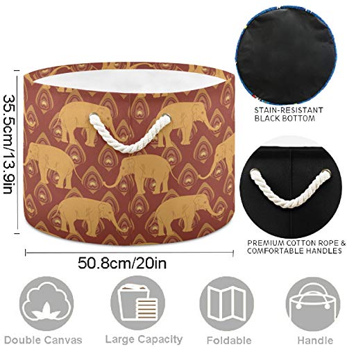 Image of visesunny Storage Basket Brown Elephant Peacock Feather Ethnic Indian Nursery Hamper Basket Clothes Toy Storage Organizer Bin Box Collapsible Laundry Bag for Kid Room,Playroom,Bathroom,Living Room,Dor