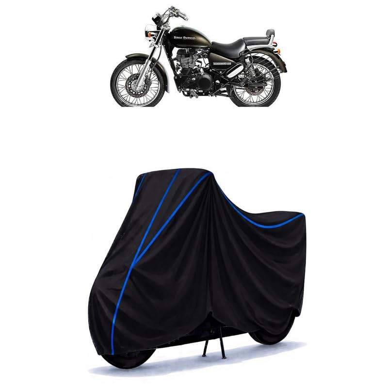 Image of Thunderbird 500 Bike Cover Water Resistant Universal Motorcycle Rain | Heavy Duty UV Protection, Dust, Scratch Indoor Outdoor All Weather with Black Blue Piping Elastic