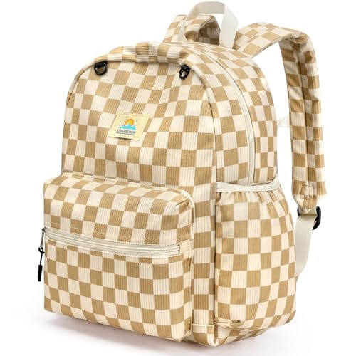 Image of STEAMEDBUN Corduroy Kids Backpack for Girls and Boys 5-8: Girls Backpack for Elementary Kindergarten - 15 inch Cute Backpacks for Kids - Checkered