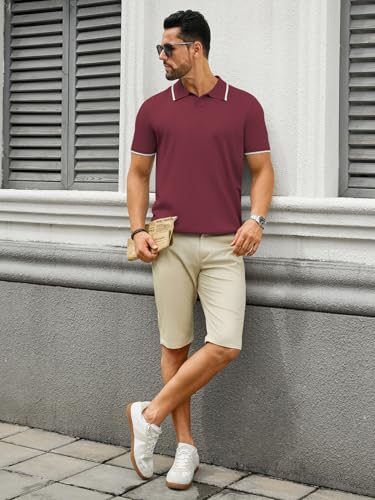Hardaddy Men's Short Sleeve Knit Polo Shirts V Neck Color Block Lightweight Casual Collared Golf Shirt Wine Red L — view 4