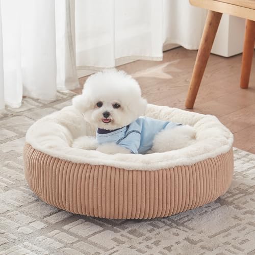 Image of 23 inches Donut Dog Bed for Small Dogs - Calming Round Puppy Bed with Removable &Washable Cover, Plush Faux Fur & Corduroy Pet Bed for Cats, Fits Pets up to 15 lbs(Brown,Small)