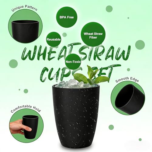Image of 6PCS Wheat Straw Cups, 16 OZ Unbreakable Black Plastic Cups Set | Alternative to Plastic Drinking Cups for Kitchen & Camping, Dishwasher Safe Cup Set