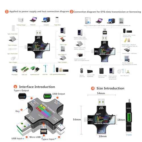 Avatcen 2 in 1USB Tester Messgerät USB C Strommessgerät Anzeige LCD Digital Multimeter Power Meter, Leistungsmessgerät, Spannung Voltmeter, Strom, Kapazität Detektor, USB Kabel TesterDC3.6-30V/0-5.1A