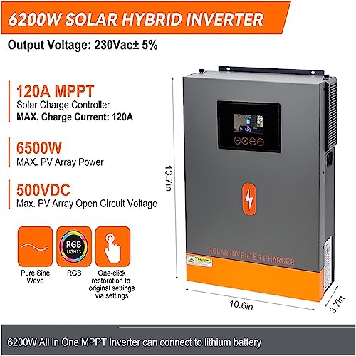 Inversor HíBrido Solar MPPT De 6200 W - Desligado/Ligado à Rede (DC48V A AC230V), Suporte Para Monit