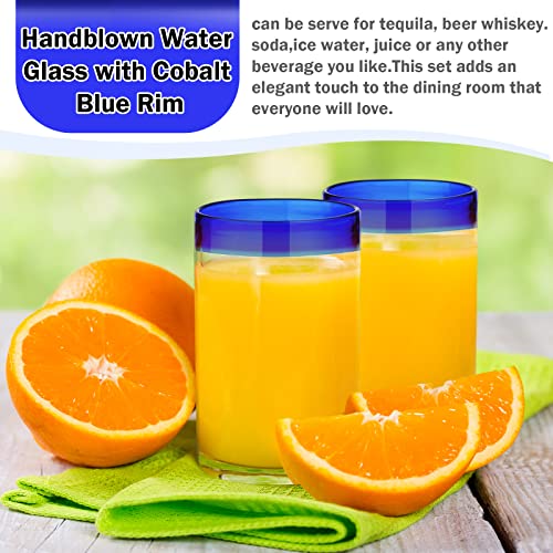 8 Pieces Hand Blown Drinking Glasses 14Oz Mexican Theme Cobalt Glassware Blue Rims Heavy Duty Reusable Glassware Set For Whiskey Juice Beverages Beer Cocktail #TOP2