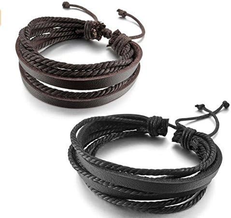 Perfect Shopping Men,Women's Adjustable Black & Brown Leather Wristband and Rope Cuff Bracelet, 18cm, 2-Pack