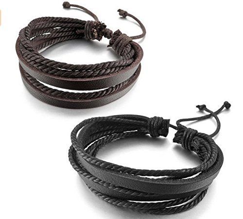Perfect Shopping Men,Women's Adjustable Black & Brown Leather Wristband and Rope Cuff Bracelet, 18cm, 2-Pack
