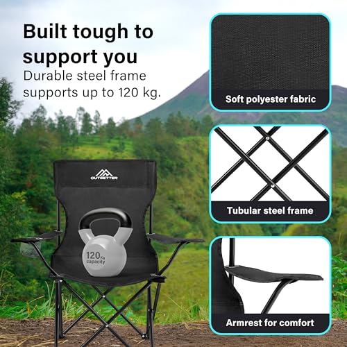 Camping Chair | Lightweight Folding | Portable Chairs for Outdoors | Cup Holder | Storage Cover | Outdoor Leisure Chair Durable with Arm Rest for the Beach, Lawn, Fishing Trip Garden and BBQs Black - Image 5