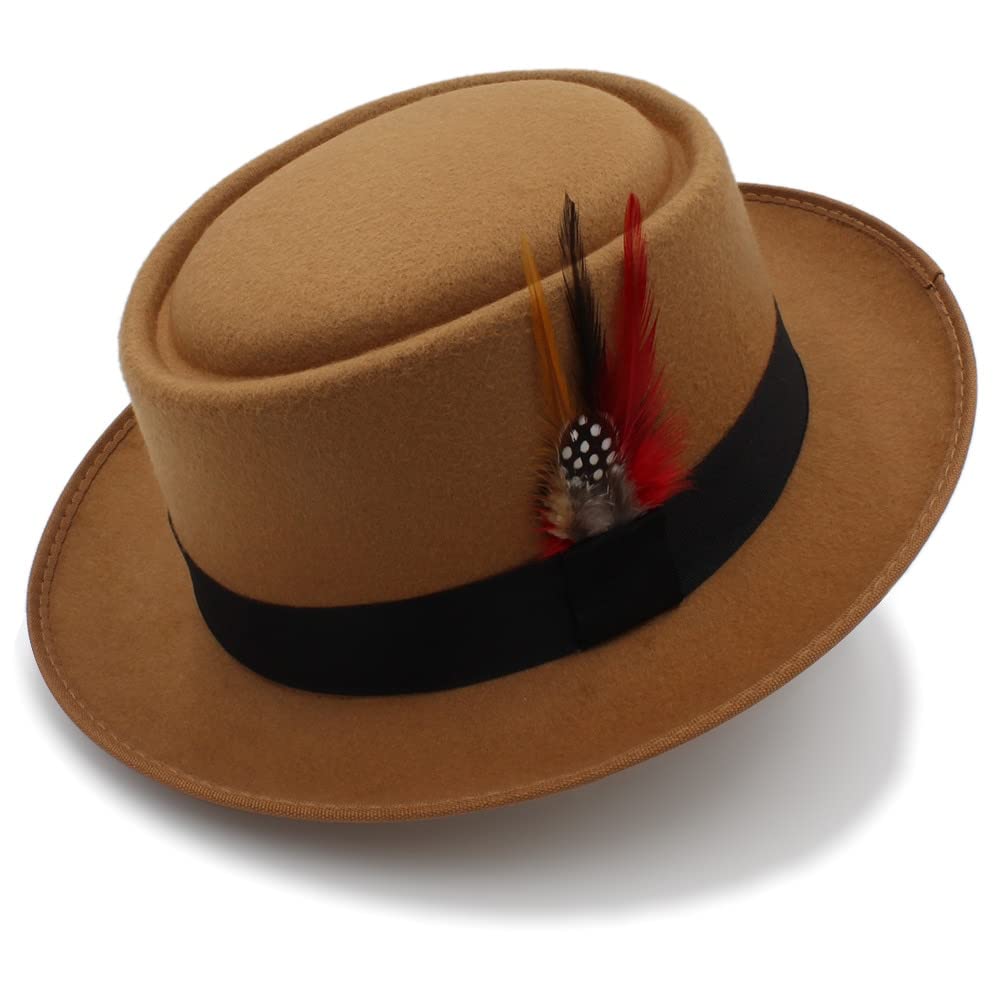 Rzl-002-002 Women's Khaki Rzl Bowler Hats 1Pcs Dad Wool Flat Fedora Hat Fashion Men Pork Pie Hat Lady Gentleman Gambler Panama Trilby Hat With Fashion Feather Size 58Cm (Color : )