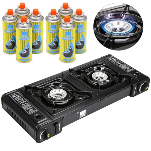 Taylor & Brown Portable Dual Burner Camping Stove, Black with 8 Butane Gas | EN417 Compliant Premium Double Gas Cooker | with Automatic Ignition & Heat Control | for Camping, BBQ & Outdoor Cooking