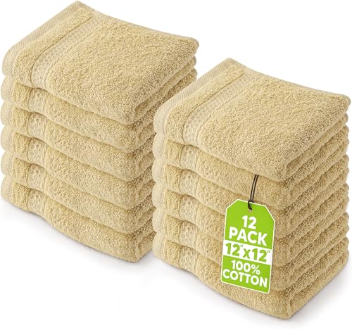 Image of Utopia Towels 12 Pack Premium Wash Cloths Set, 12 by 12 Inches, 100% Cotton Ring Spun, Highly Absorbent and Soft Feel Essential Washcloths for Bathroom, Spa, Gym, and Face, Champagne