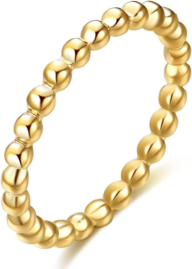 14K Gold Thin Beaded Full Bead Twisted Rope Rings for Women,2mm Stainless Steel Beaded Band Engagement Ring Classical Simple Plain Stackable Wedding Band Ring for Men Size Gold-10#