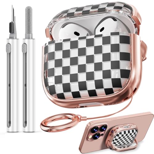 Image of Inesore for AirPods 4 Case Cover 2024 with Lock-Black Checkerboard | Two-Piece Design,with Gold Keychain & Cleaning Pen,Support Wireless Charging,Cute Luxury Case for Women Girly