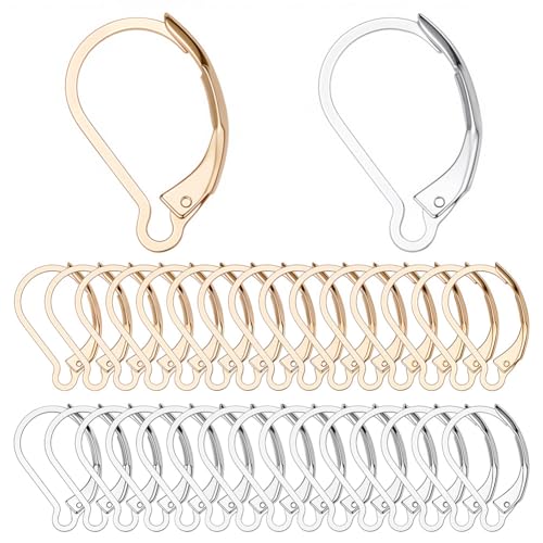SUNNYCLUE 1boîte 60pièces Boucles d'oreilles à Levier en Plaqué Or 24K Crochets de Boucles d'oreilles Français Couleur Argent et Or 6.5x10mm Levier...