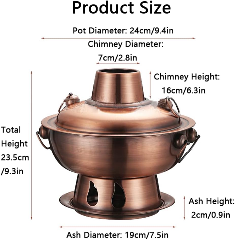 Copper Fondue Pot, Chinese Tranditional Hotpot,Charcoal Vintage Copper Shabu Pot, Stainless Steel Hot Cooker Traditional(Silver)