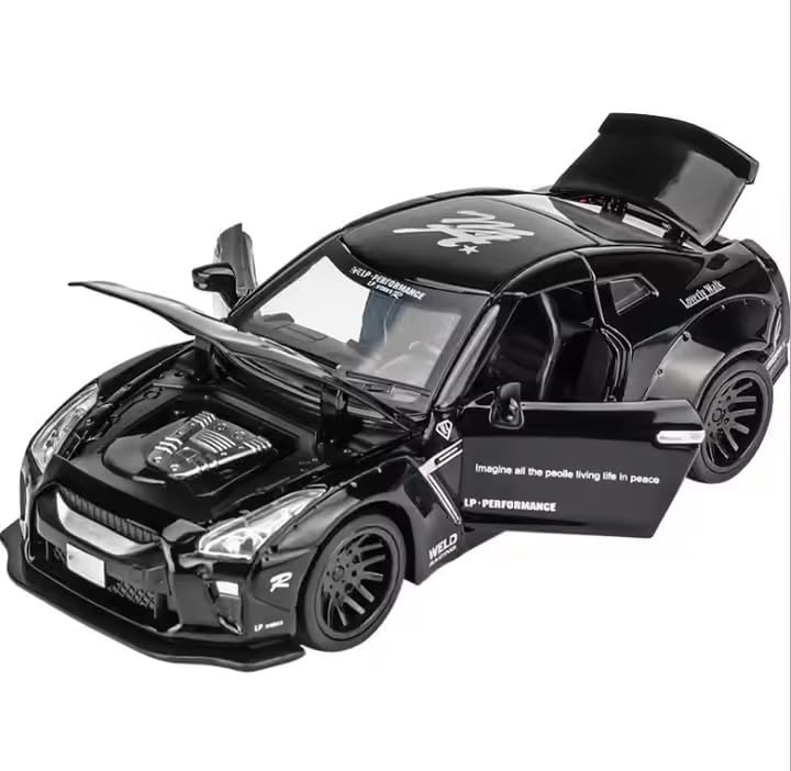 Image of 1:32 Scale New Nissan GTR R34 Toy Car | Metal Pullback Diecast Car for Kids with Openable Doors, Sound, Light Effects, Black