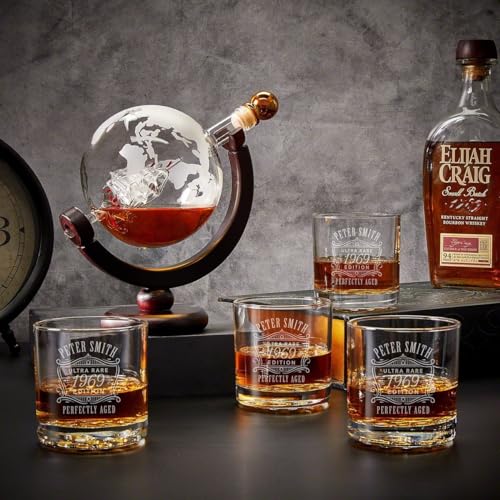 Personalized Globe Whiskey Decanter with Rocks Glasses - 5pc Ultra Rare Whiskey Globe Decanter Set