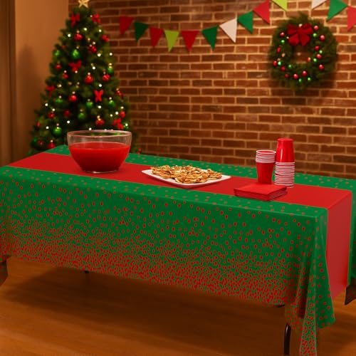 Image of Oudain 6 Pcs Green and Red Tablecloth for Parties Plastic Dot Tablecloths Printed Table Runner Waterproof Disposable Rectangle Table Cover for Christmas Birthday Wedding Party, 54 inch x 108 inch