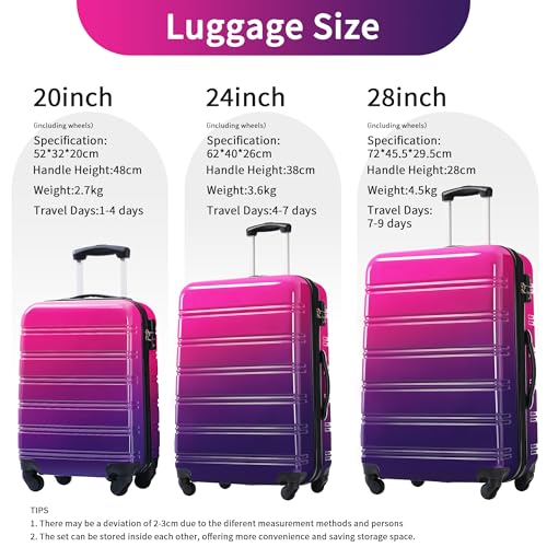 3 Piece Hardshell Luggage Set with Expandable Suitcase, Spinner Wheels, Gradient Purple and Pink Colors4