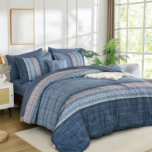 Image of Dintszyayue Blue Comforter Set King Size, 8 Pieces Boho Striped Bed in a Bag Soft Microfiber Bedding Set for All Season