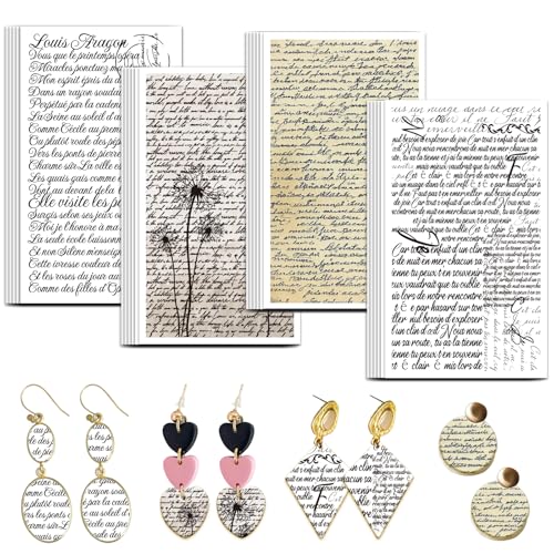 OLYCRAFT 24Pcs Handwritten French Clay Transfer Paper 4 Styles Transfer Paper for Polymer Poetry Polymer Clay Transfer Sheets Vintage Theme Small Transfer Paper for Clay Earrings Jewelry Making