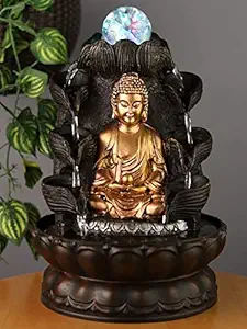 VIVARS Lord Buddha Tabletop Waterfall Fountain Fengshui Meditation Relaxing Indoor Decoration, Lord Budha Ji Waterfall Kit with Crystal Ball and Led Light for Home Office Decor (Lord Buddha)