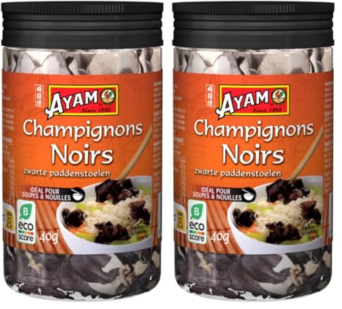 Ayam Champignons Noirs, 100% Ingrédients Naturels, Champignons Déshydratés, Saveurs d'Asie, Pour soupe et nouilles, Sans Gluten, Sans Conservateurs ni Additifs - 40g - 1pc (Lot de 2)
